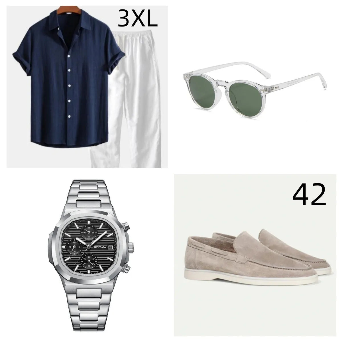 Men's casual cotton linen beachwear suit set with short sleeve shirt, shorts, glasses, shoes and watch