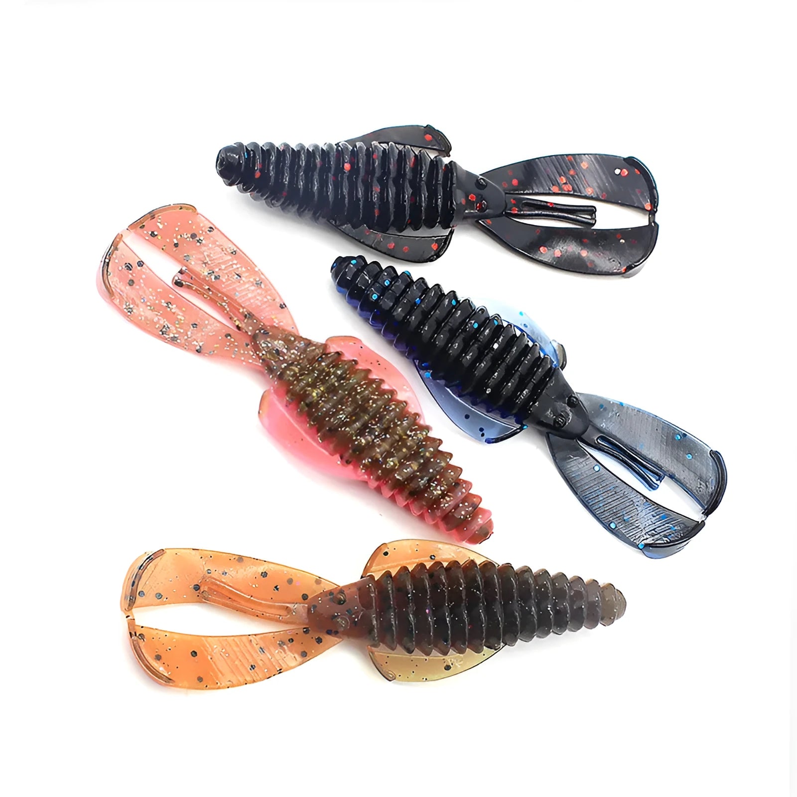 8cm PVC fishing soft bait lure in multiple colour variations against fishing tackle background