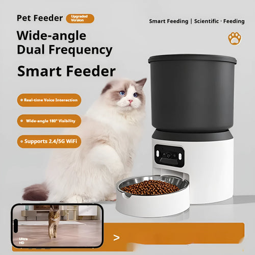 White 4-litre smart pet feeder with LCD screen, featuring a stainless steel bowl on a grey placemat.