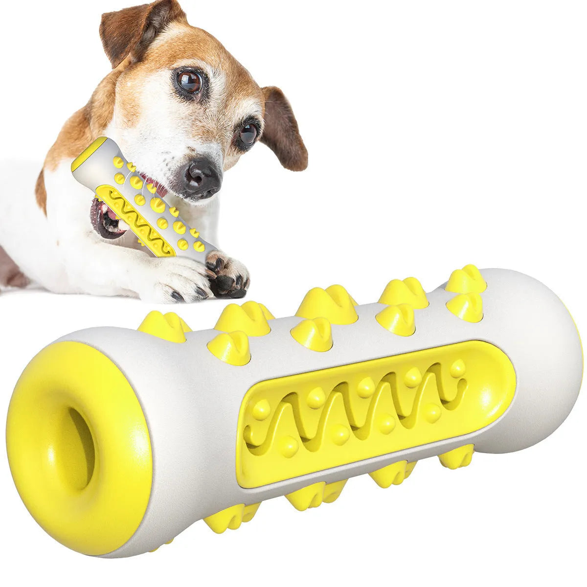 Natural rubber dog toothbrush chew toy in blue colour for dental cleaning, 15cm long.