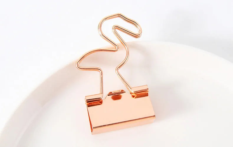 Gold metal decorative paper clip with long tail design in various shapes including flamingo, love and cat