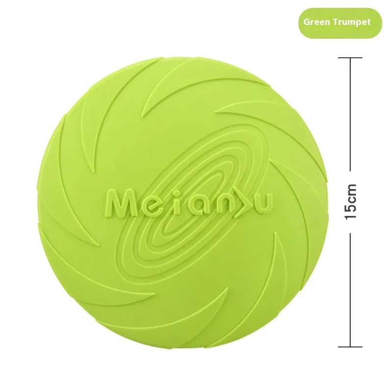 Soft rubber dog frisbee fetch toy shown in blue, green, and red colours for small, medium, and large sizes.