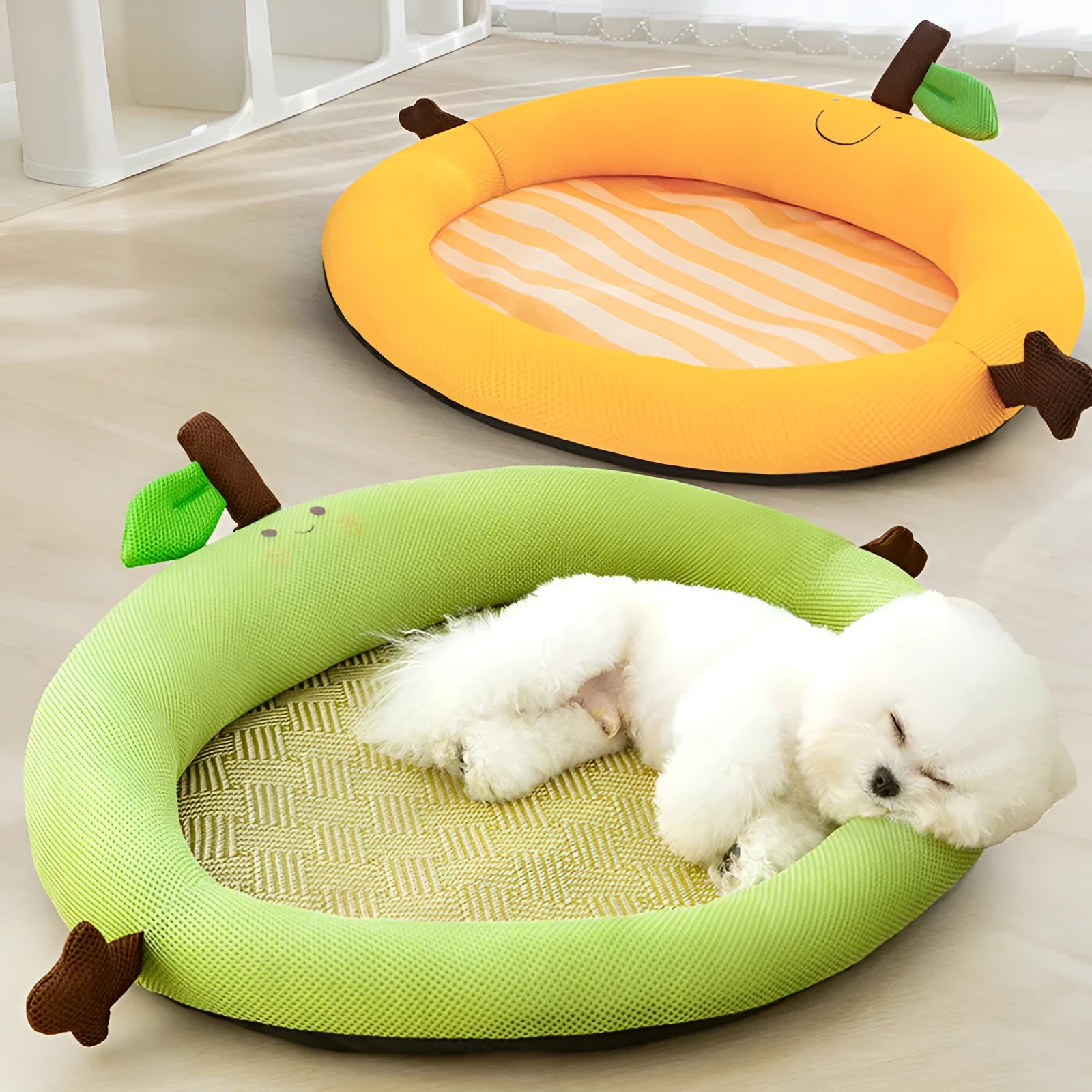Green pet cooling bed with fruit-shaped backrest in large size for dogs