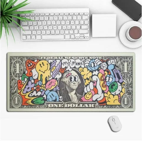 Custom anime graphic gaming mouse pad with non-slip rubber base on a desk.