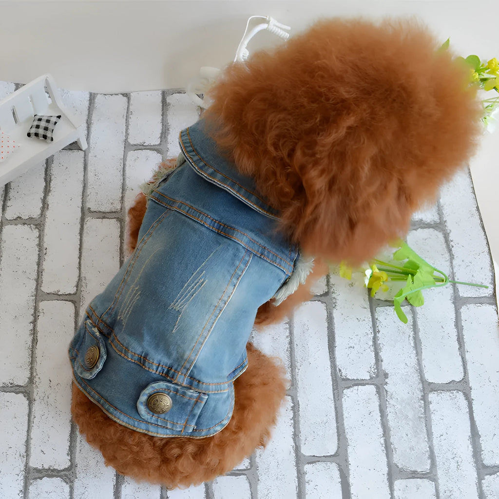 Retro scratch pattern denim dog vest in dark and light wash colours for small breeds