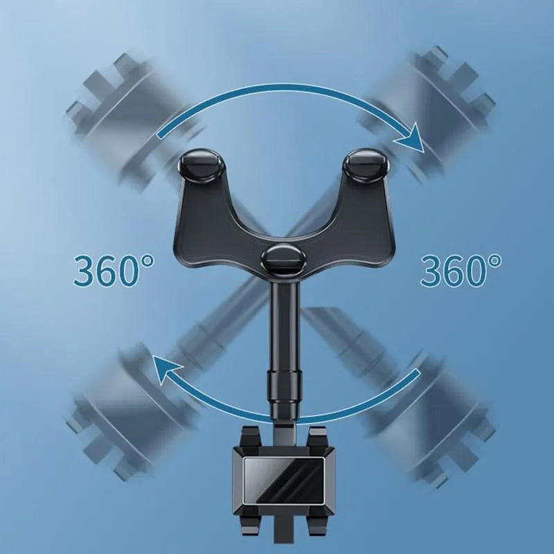 Black rearview mirror phone holder with 360-degree rotation and telescopic arm extended