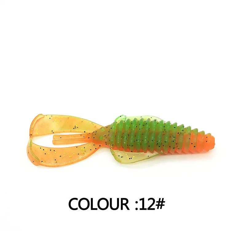 8cm PVC fishing soft bait lure in multiple colour variations against fishing tackle background