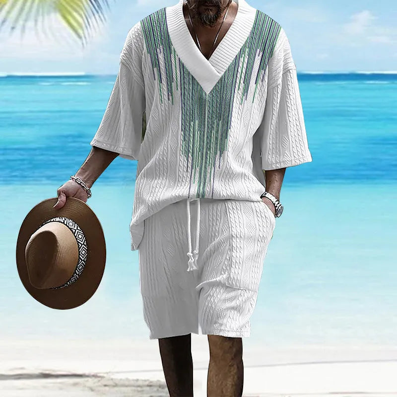 Men's grey printed knitted short-sleeved top and matching shorts on a hanger.