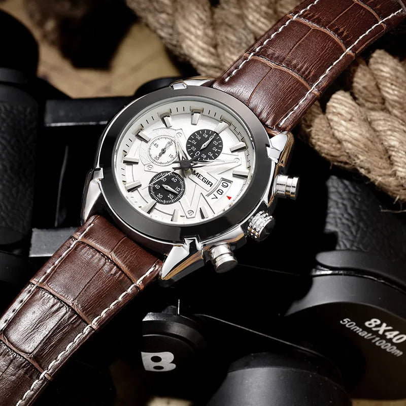 Men's quartz watch with three subdials, luminous hands, waterproof construction in black or brown colour options