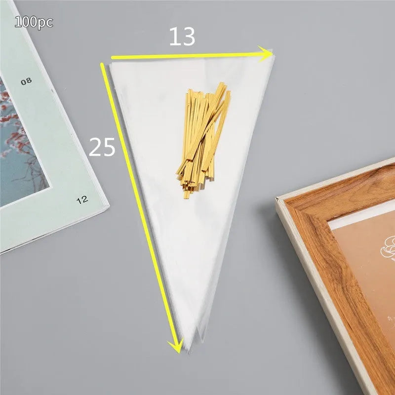 Clear triangle-shaped plastic bag with a twisted metal tie wire closing the top.