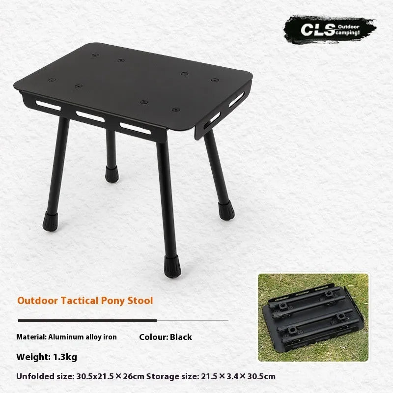 CLS aluminium folding camping stool in army green, shown extended as a seat and converted into a small table.