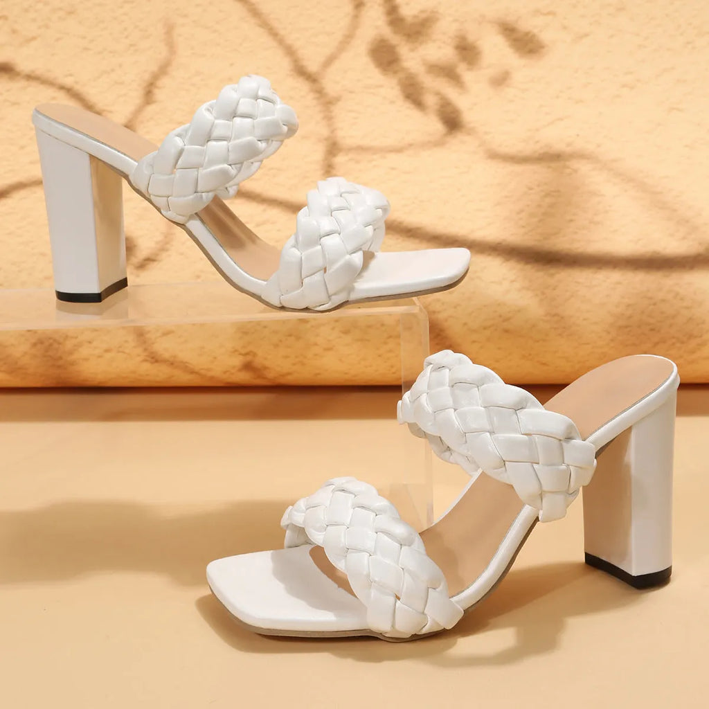 Women's apricot square toe flip flops with chunky heel and woven twisted design on a white background.