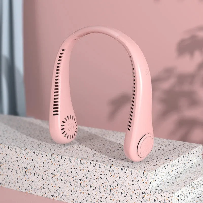 White USB rechargeable bladeless neck fan worn around a person's neck.