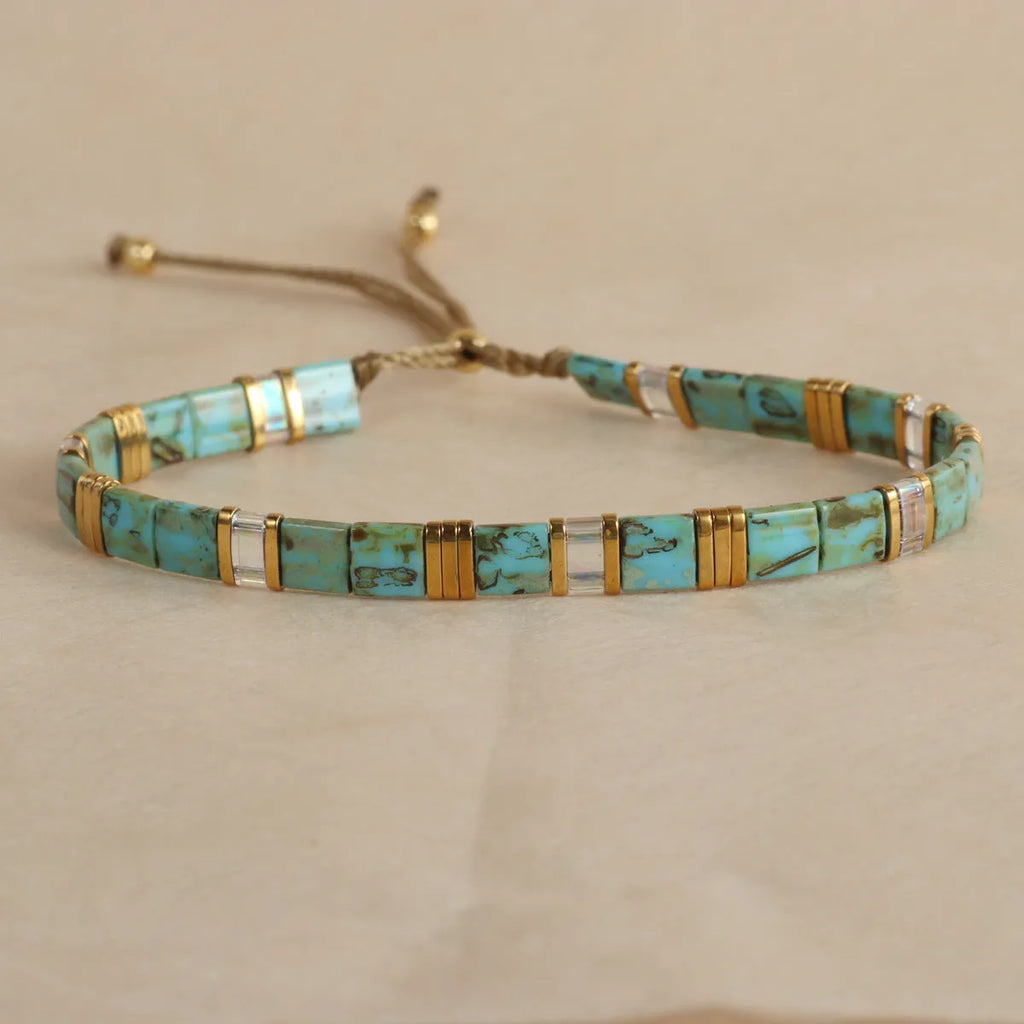 Geometric glass bead bracelet in European fashion style showing colour options