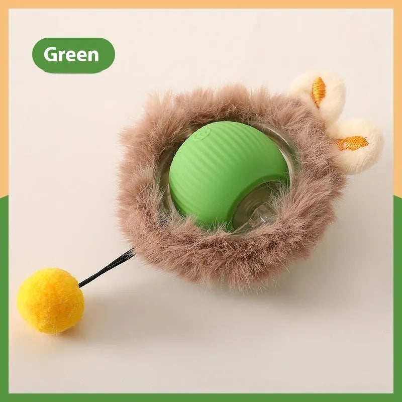 Flexible silicone rolling ball cat toy in plush red, green, and grey colours