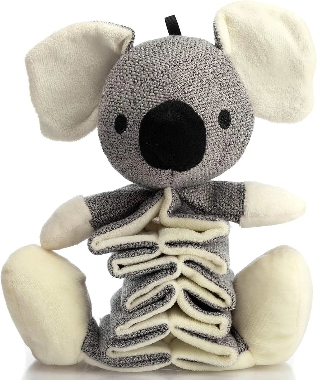 Grey koala plush dog toy measuring 30cm long with visible stitching and soft limbs.