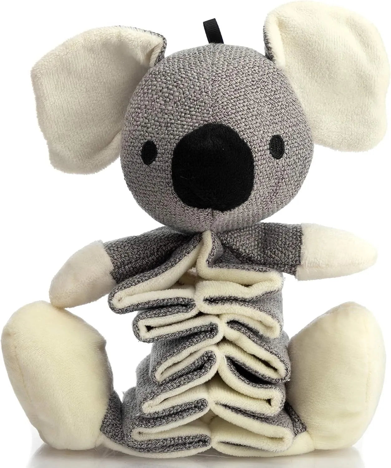 Grey koala plush dog toy measuring 30cm long with visible stitching and soft limbs.