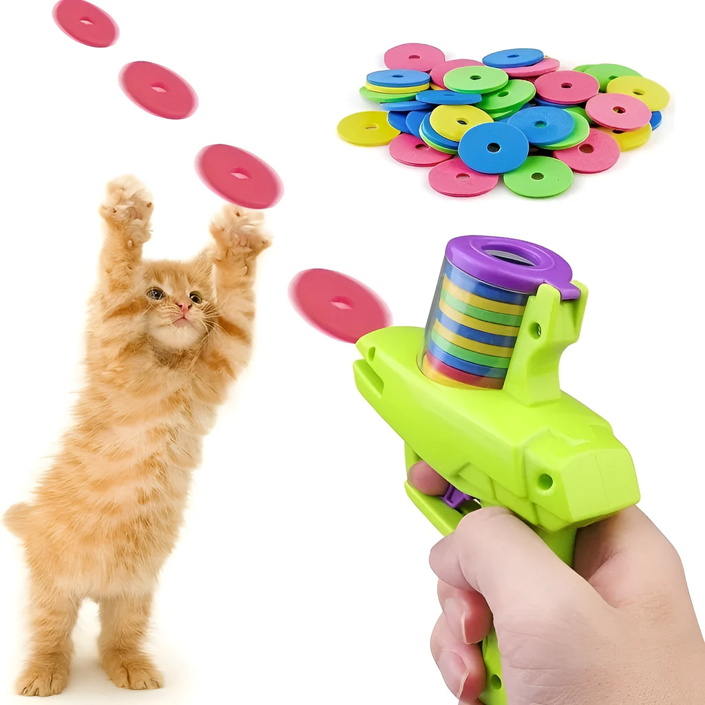 Battery-free motorised interactive cat toy launcher with soft foam discs in purple and green colour options.