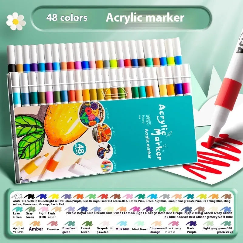 Boxed set of acrylic marker pens showing multiple colour options for student painting projects