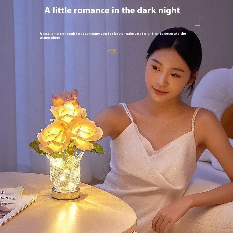Crystal flowers decorative table lamp with USB charging port and touch-sensitive base for dimming.