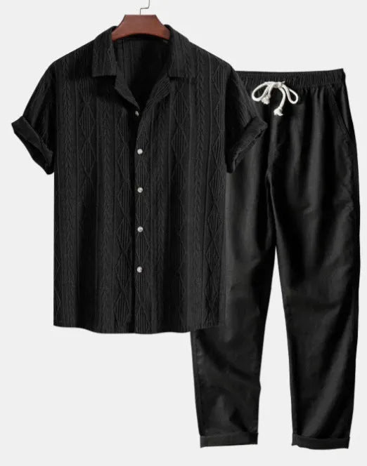 Men's slim fit camouflage print short sleeve shirt and trousers casual suit set