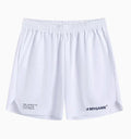 Men's grey quick-dry fitness training shorts made from polyester and spandex fabric.
