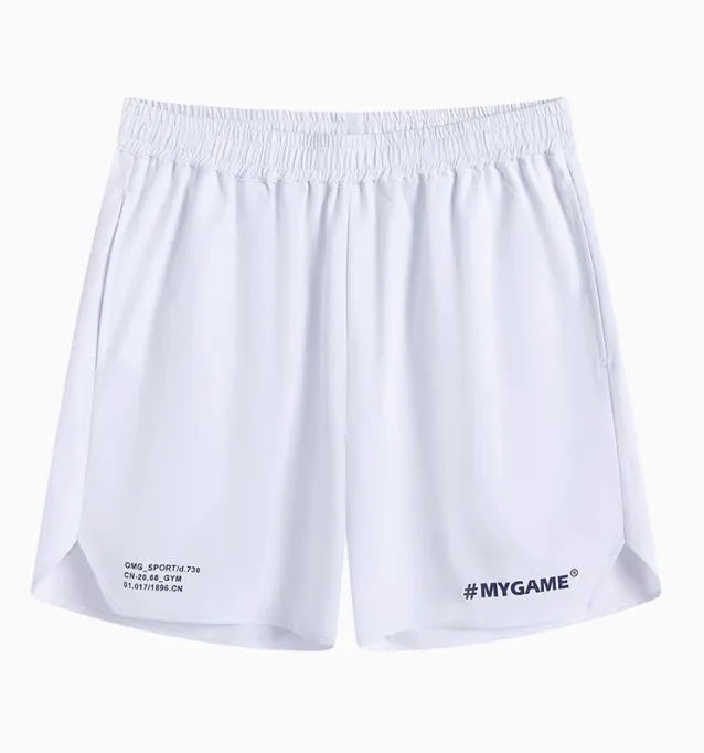Men's grey quick-dry fitness training shorts made from polyester and spandex fabric.