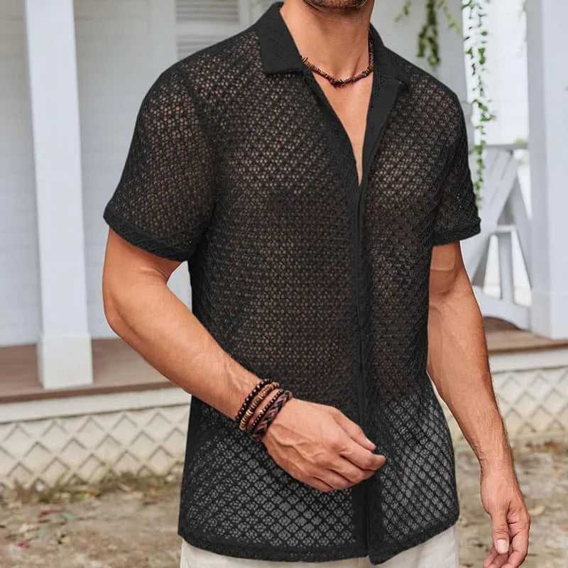 Men's cotton blend short sleeve summer shirt with lapel collar in beige colour