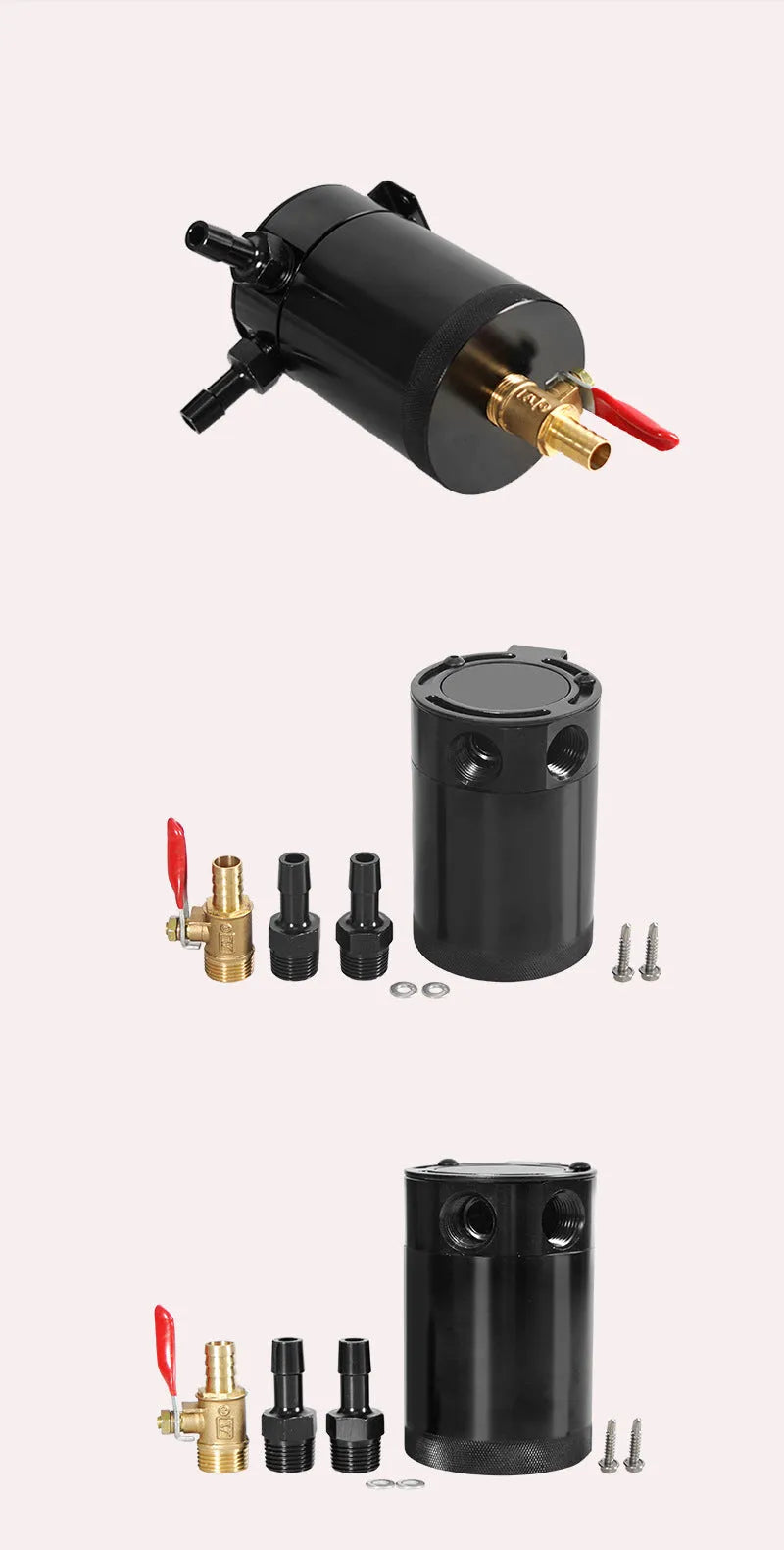 Black aluminium automotive oil pot with two connector holes and optional drain valve