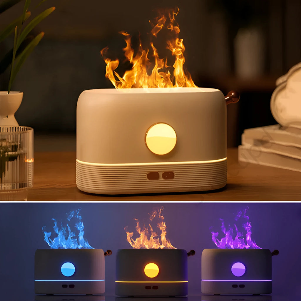 Black USB flame humidifier with 200ml water tank on wooden desktop with mist and simulated flame effect