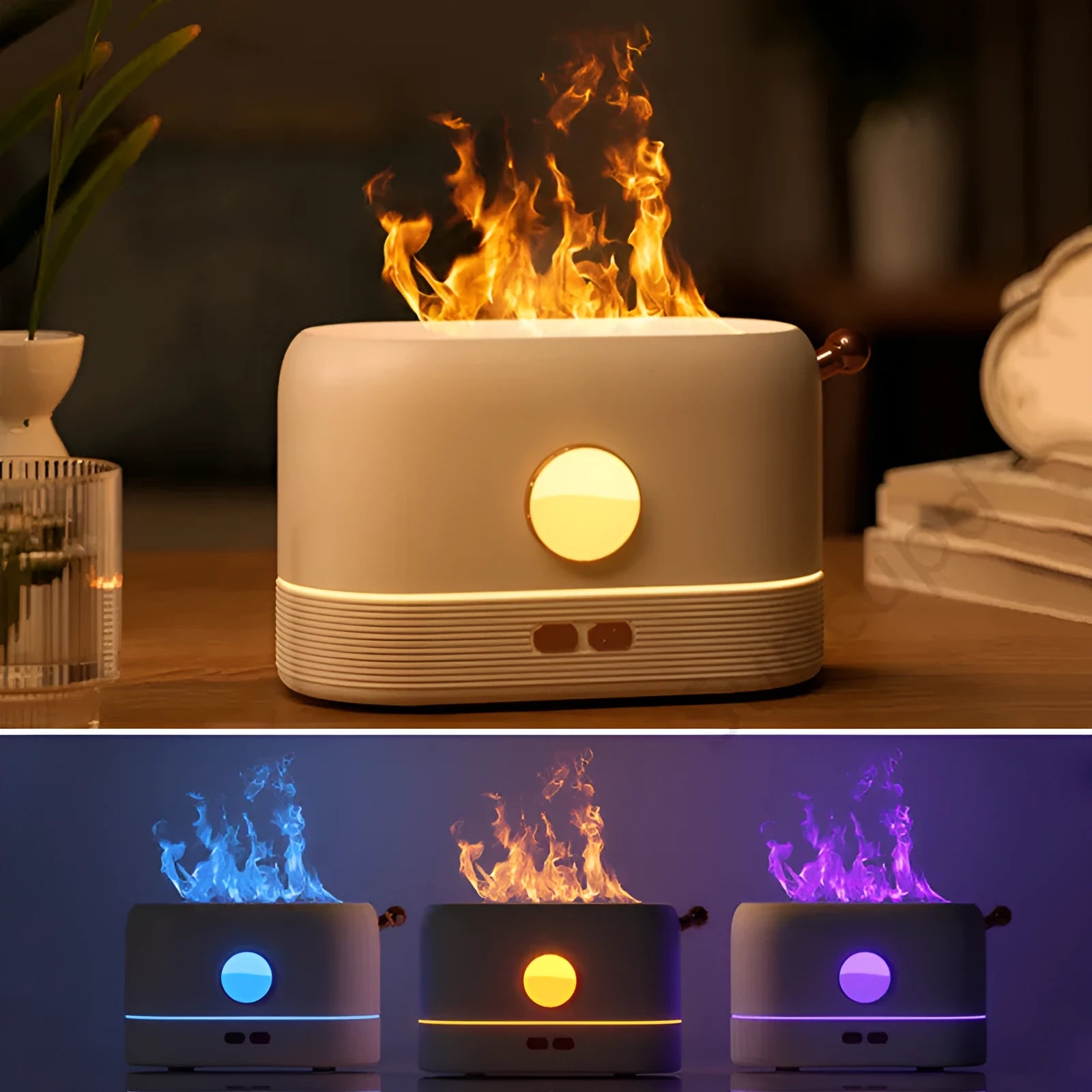 Black USB flame humidifier with 200ml water tank on wooden desktop with mist and simulated flame effect