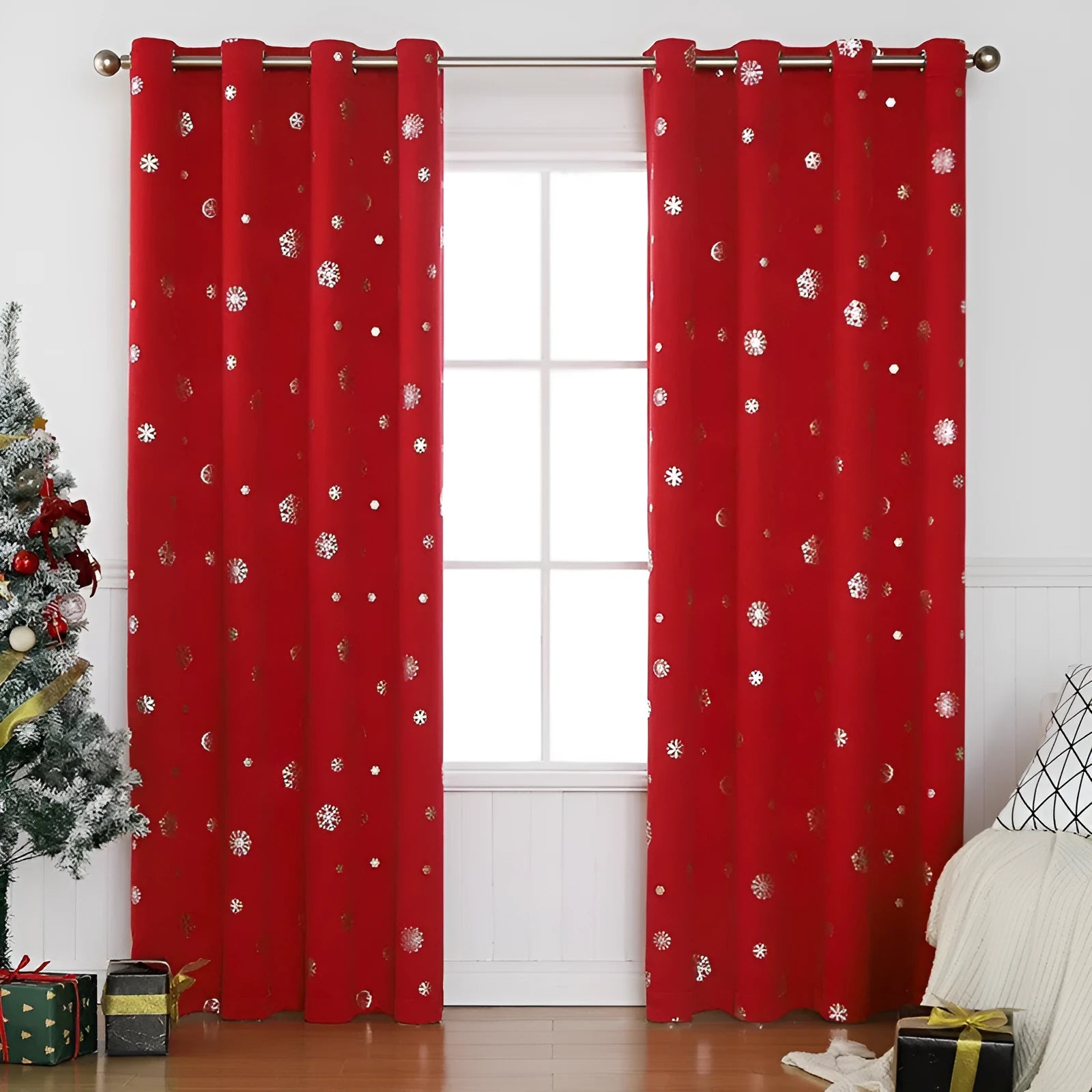 Snowflake pattern shade cloth curtain in red with iron hoop trim showing modern simplicity styling