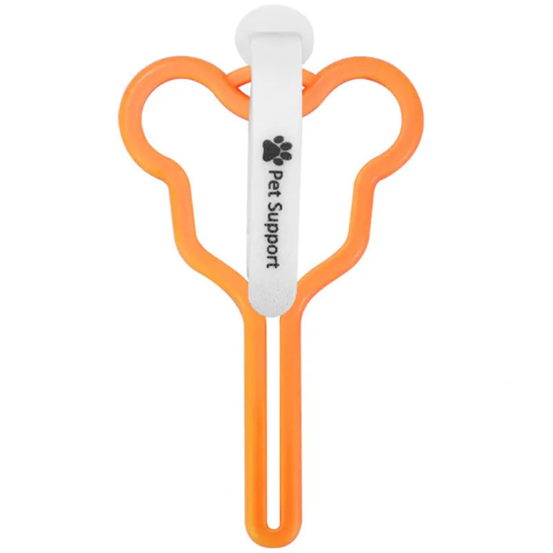 A dog poop bag holder with a fixed clip and adjustable Velcro strap, shown in a random colour.
