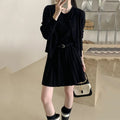 Women's grey knitted two-piece set with vest skirt and long-sleeved cardigan in art retro style