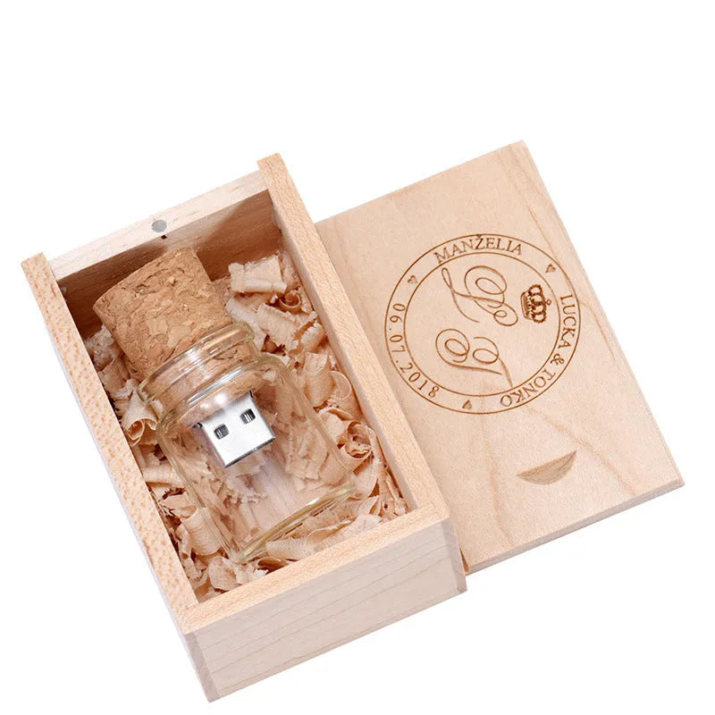 Personalised wooden drift bottle USB flash drive in chocolate brown with custom graphics