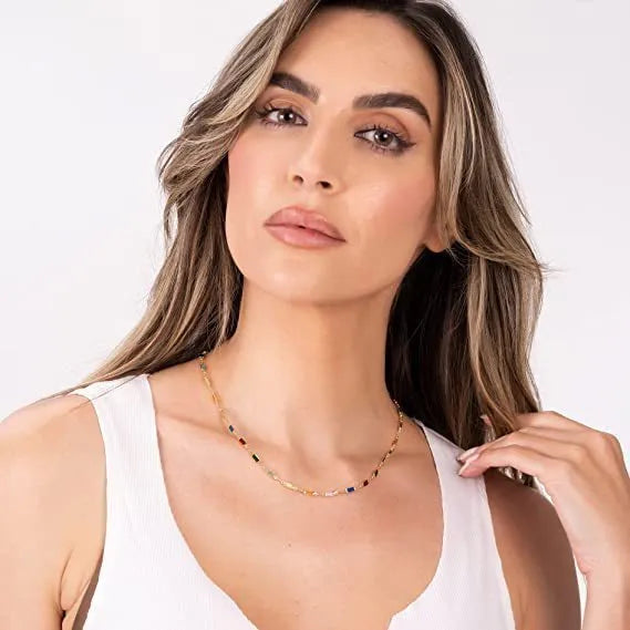 Ladies geometric glass pendant necklace on alloy chain with adjustable 41-50cm length
