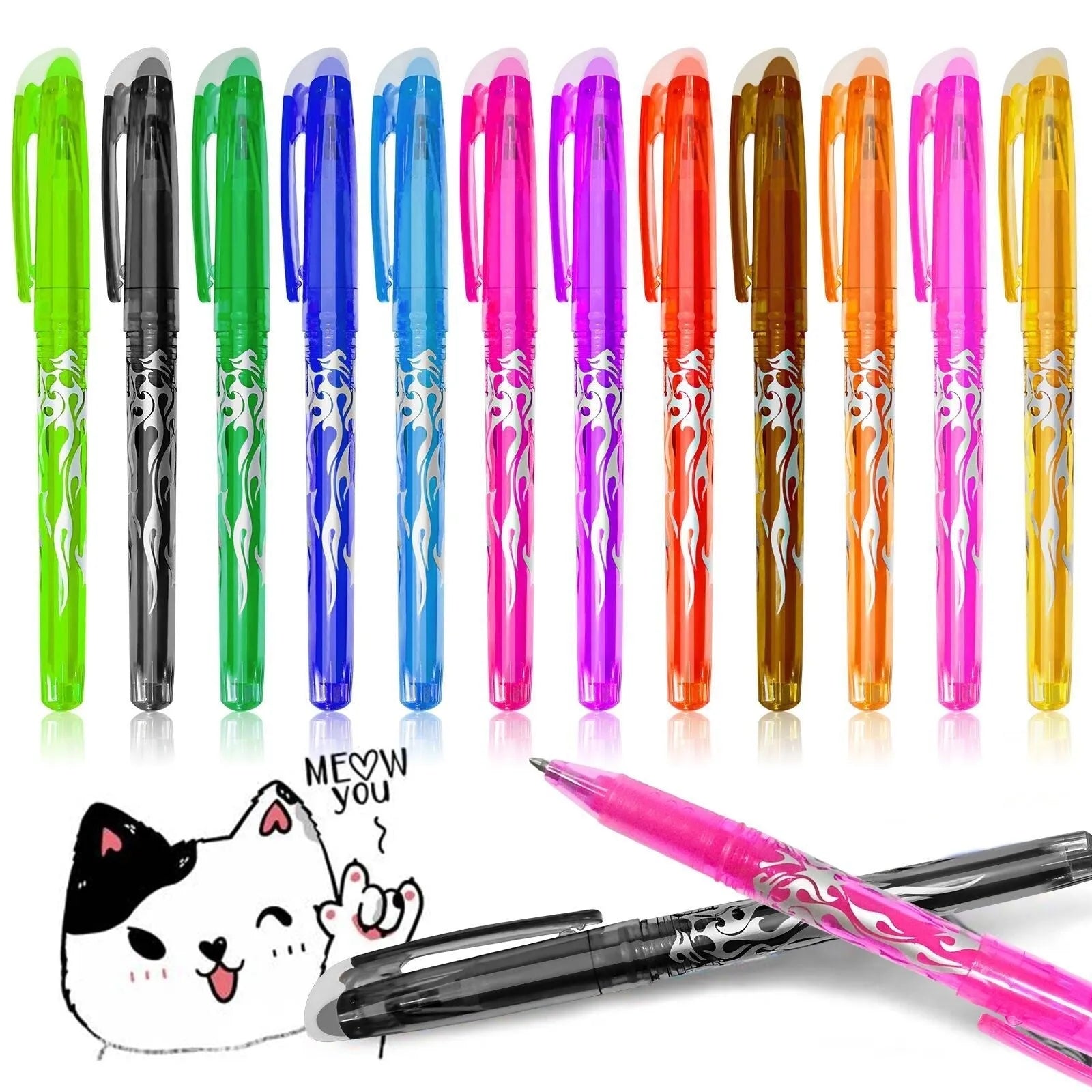 Set of heat-erasable gel pens with plastic barrels and stainless steel tips, showing assorted colours.