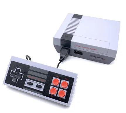 Retro NES game console with two controllers on television stand