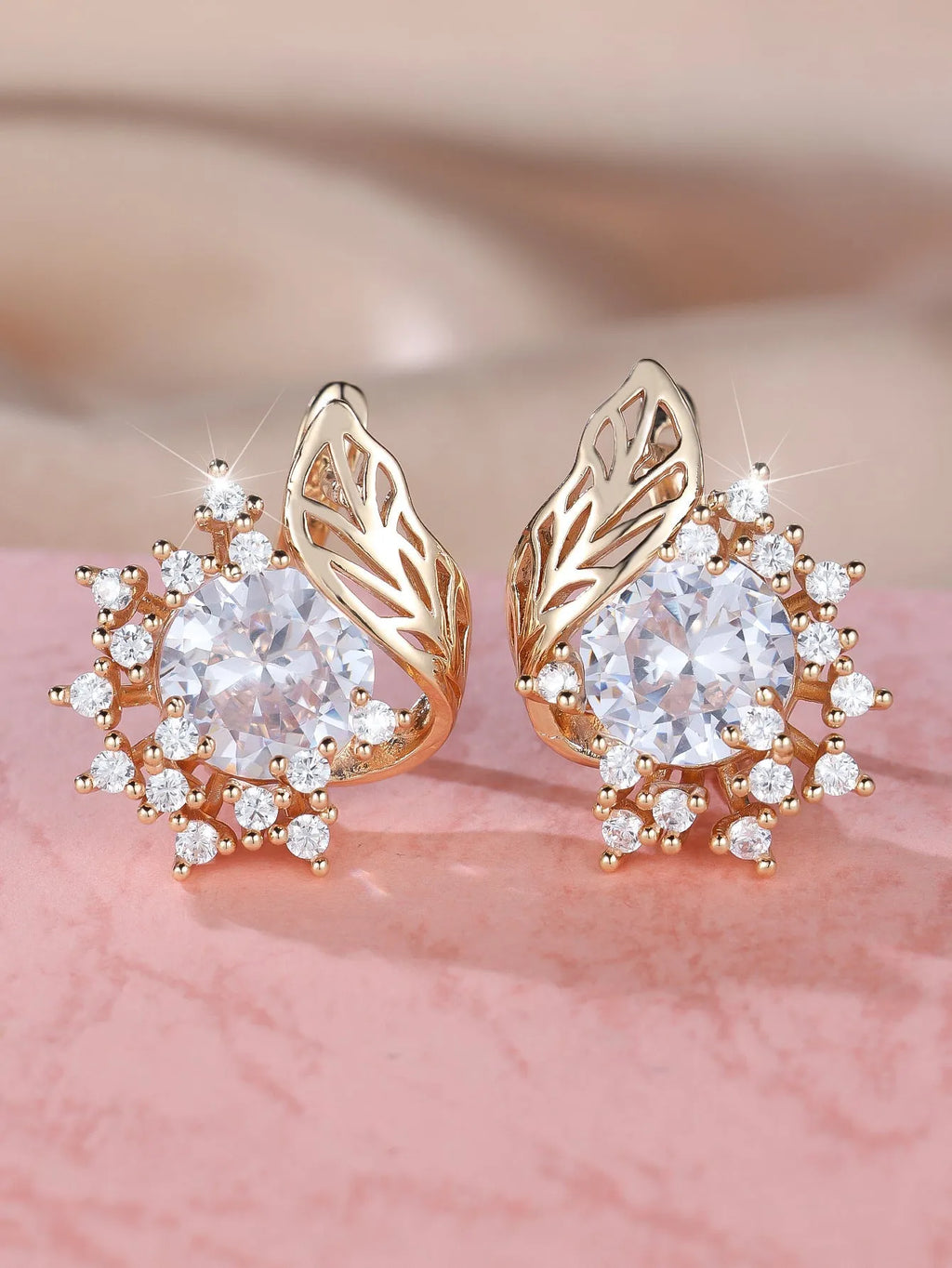 Round flowers feather design rose gold zircon earrings with coloured stone centre options