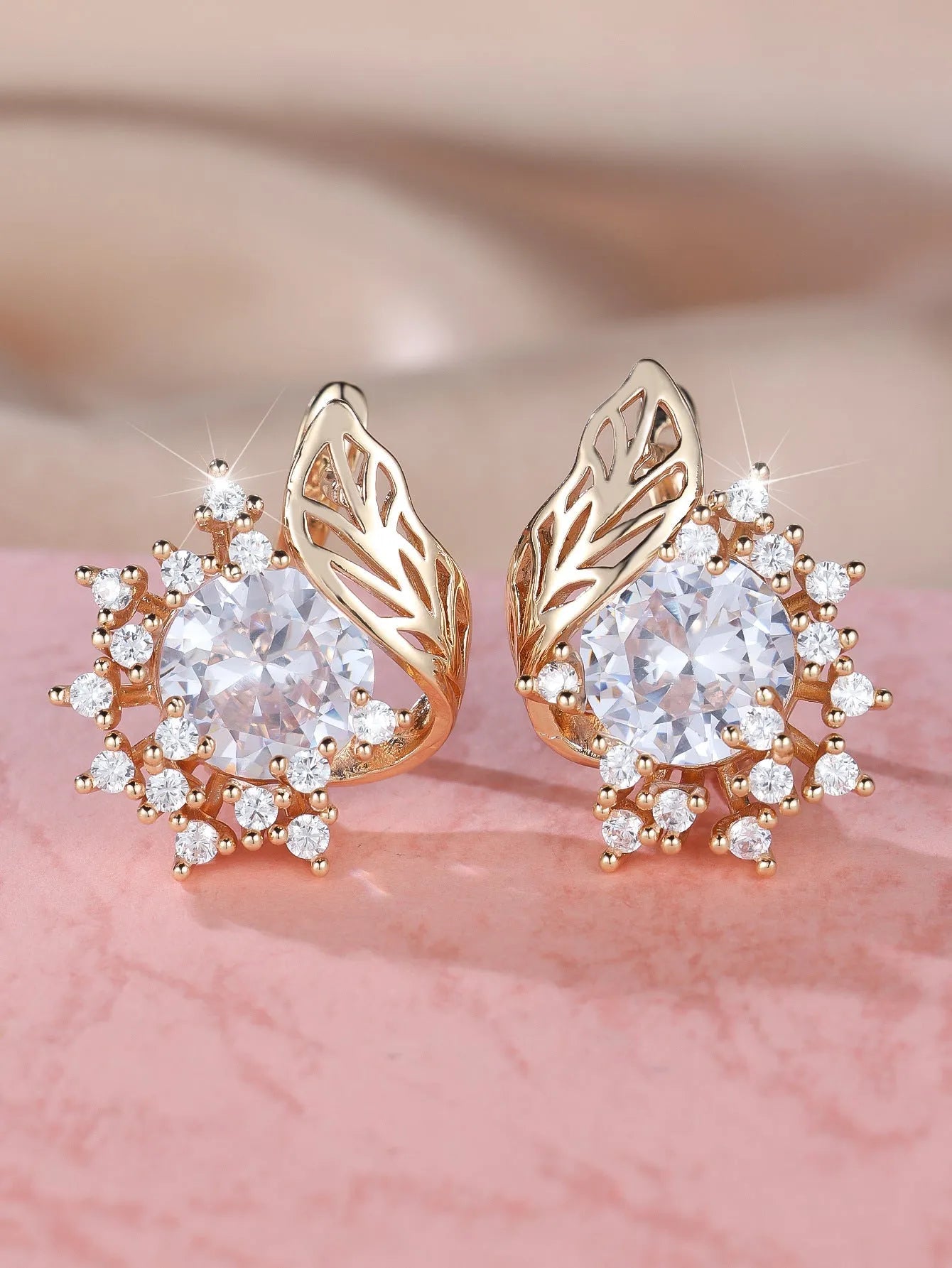 Round flowers feather design rose gold zircon earrings with coloured stone centre options