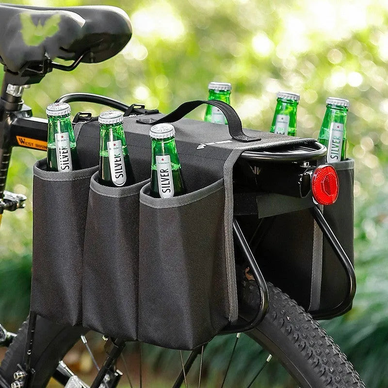 Double-sided black bicycle beverage bag mounted on bike frame showing 2 litre capacity