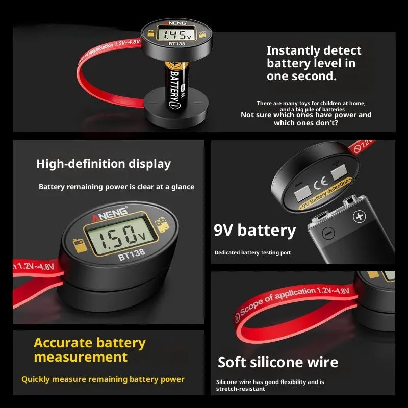 BT138 magnetic digital display battery level detector for testing car and household batteries, no power required, portable design
