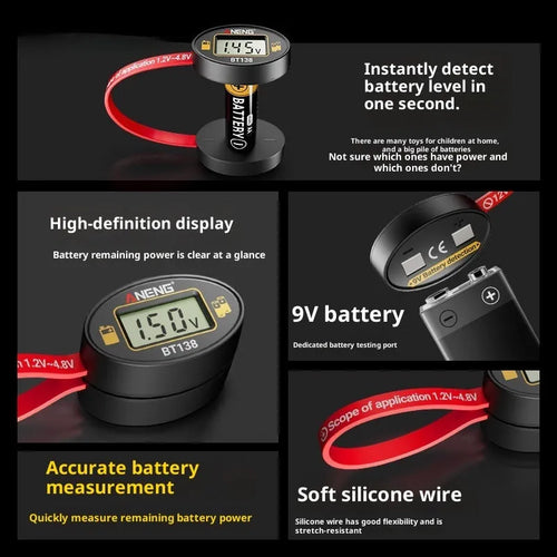 BT138 magnetic digital display battery level detector for testing car and household batteries, no power required, portable design