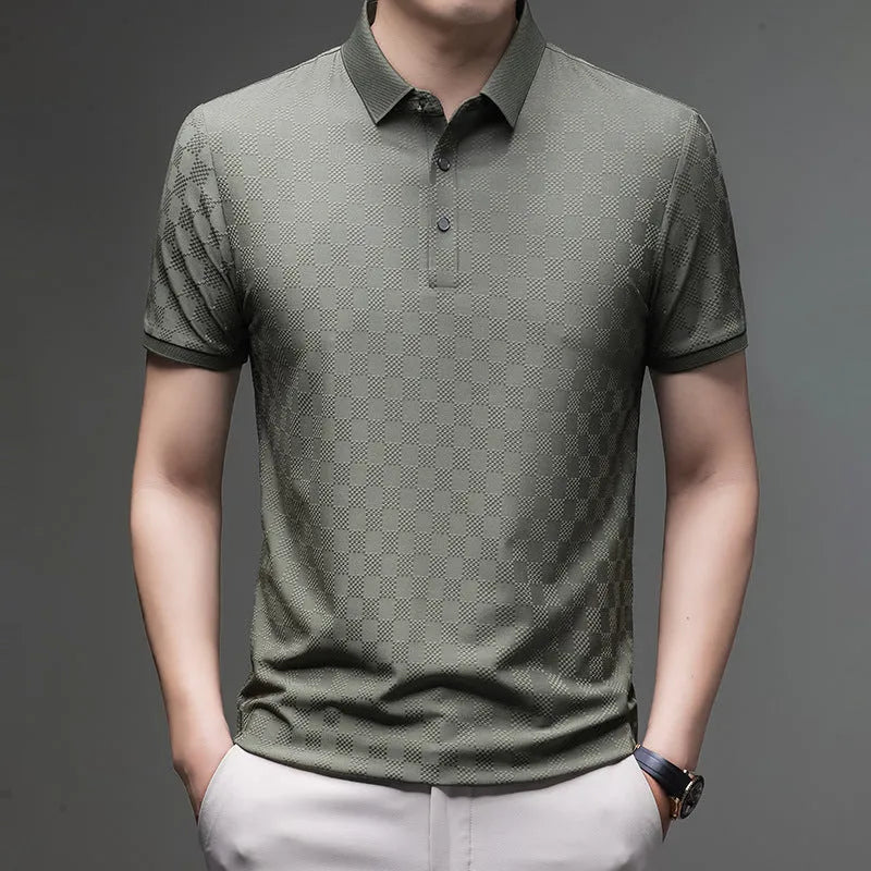 Black thin ice silk T-shirt with a rhombus pattern, short sleeves, and a side slit hem detail.