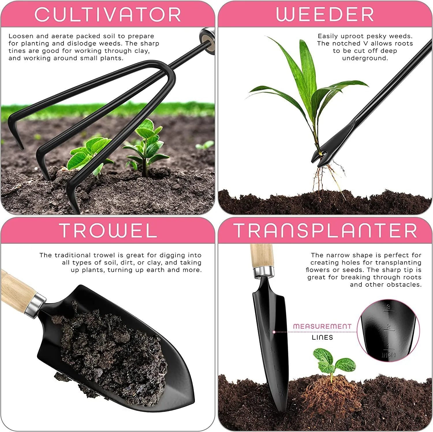 CG2001 model stainless steel gardening tool set with eight pieces and ergonomic handles