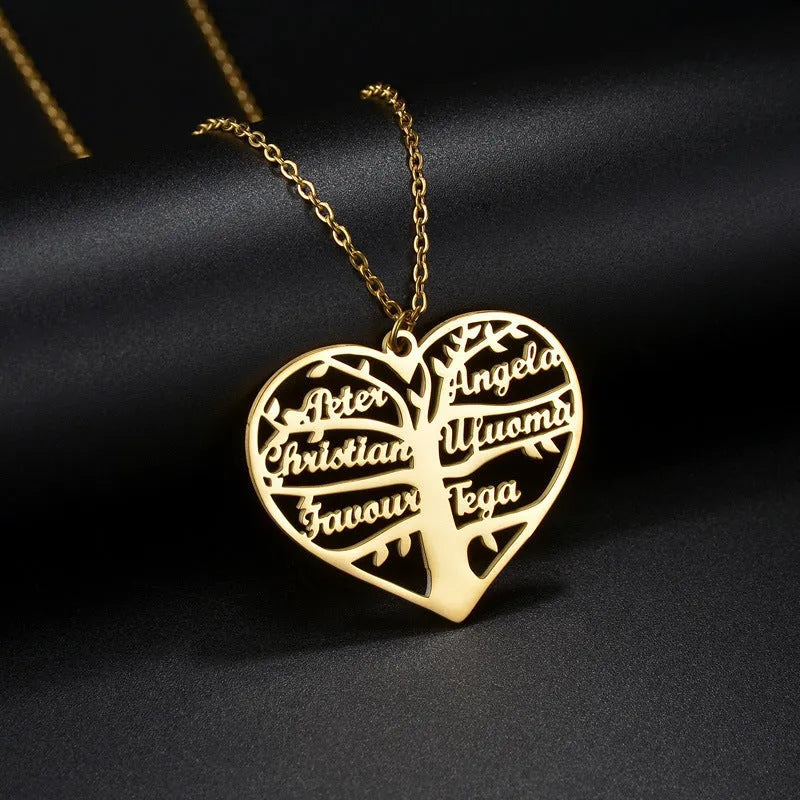 Personalised stainless steel necklace with a custom name heart pendant and lucky tree charm on an adjustable chain.
