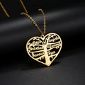 Personalised stainless steel necklace with a custom name heart pendant and lucky tree charm on an adjustable chain.