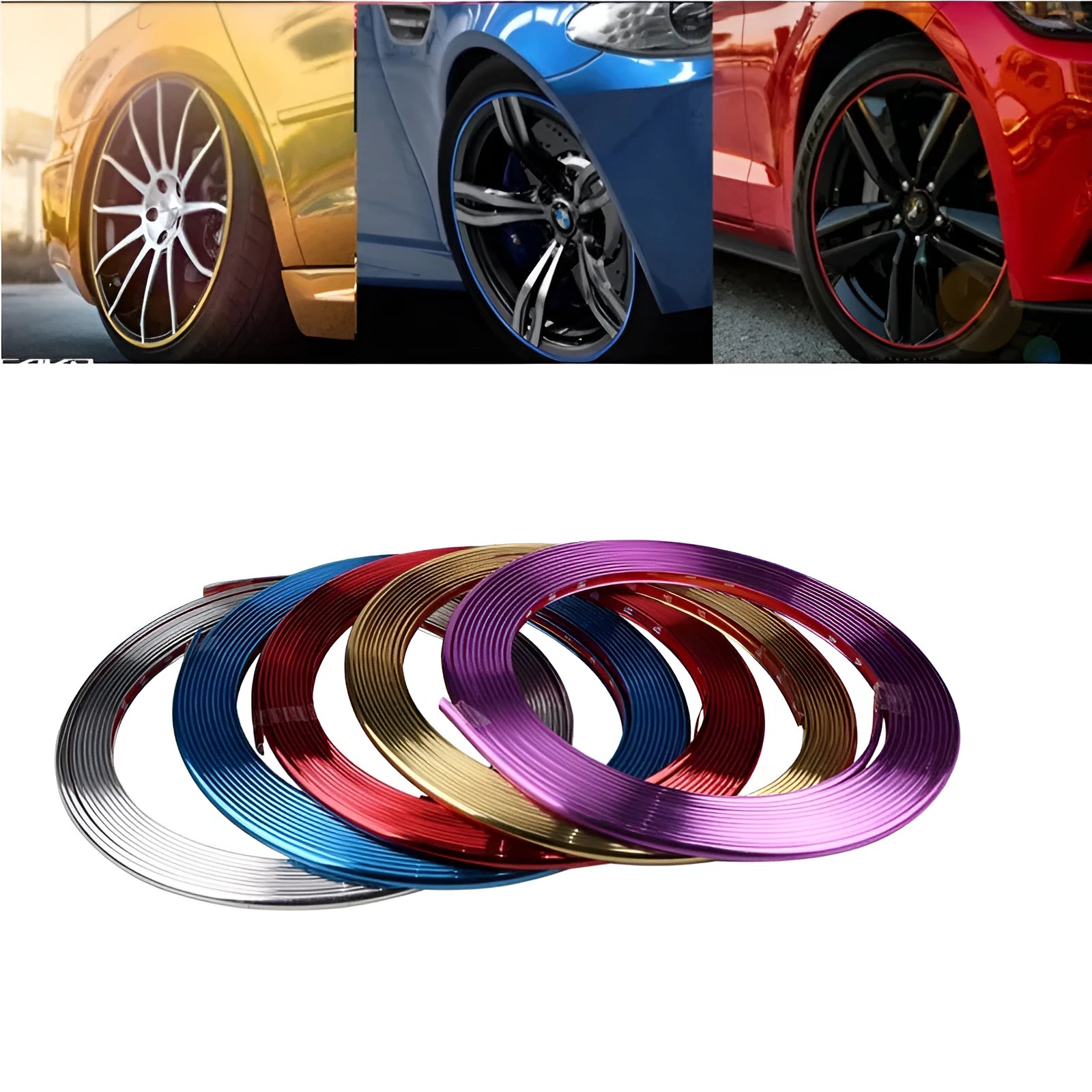 8-metre roll of purple electroplated PVC wheel hub trim with adhesive backing