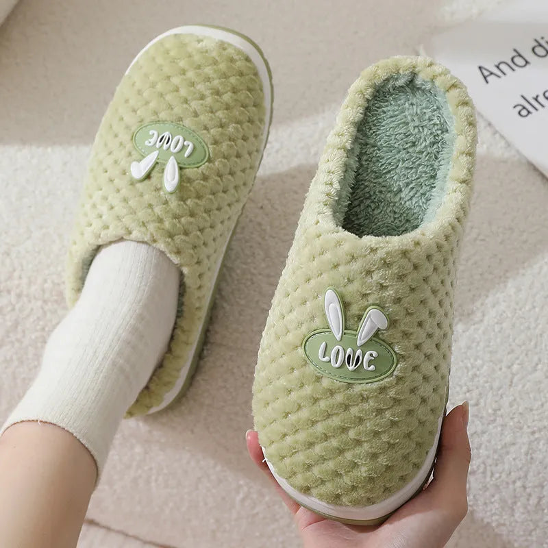 Women's rabbit plaid design winter slippers with thick rubber soles in apricot colour option