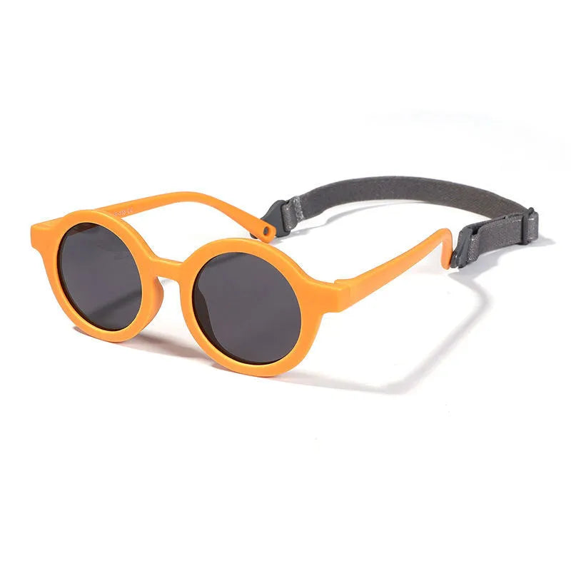 Children's silicone sunglasses with round frames for 0-3 year olds in multiple colour options showing UV400 and polarized protection